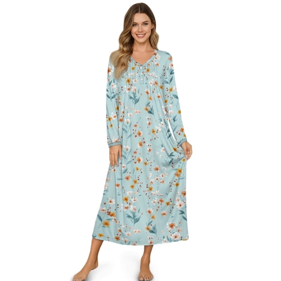 DISNIMO Floral Printed Women's Nightshirt Long Sleeve Nightgown V Neck Sleepwear Button Front House Dress Long Sleep Shirt, 2XL