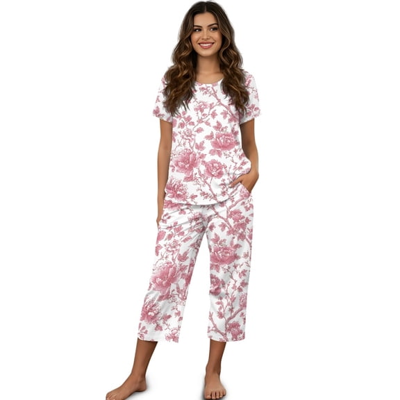 DISNIMO Floral Printed Women's Short Sleeve Pajama Sets Soft Lounge 2 Piece Pjs Set Round Neck Tops and Capri Pant Sleepwear with Pockets, 2XL