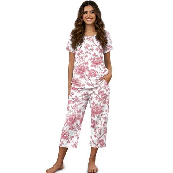 DISNIMO Floral Printed Women's Short Sleeve Pajama Sets Soft Lounge 2 Piece Pjs Set Round Neck Tops and Capri Pant Sleepwear with Pockets, M