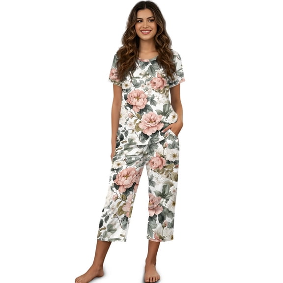 DISNIMO Floral Printed Women's Short Sleeve Pajama Sets Soft Sleepwear Summer 2 Piece Pjs Set Breathable Tops and Capri Pant, XL