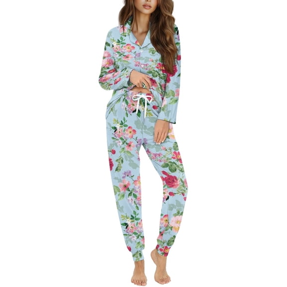 DISNIMO Floral Printed Womens Pajama Sets Long Sleeve Loungewear Soft Comfy Pj Set 2 Piece Button Down Sleepwear with Long Pajama Pants