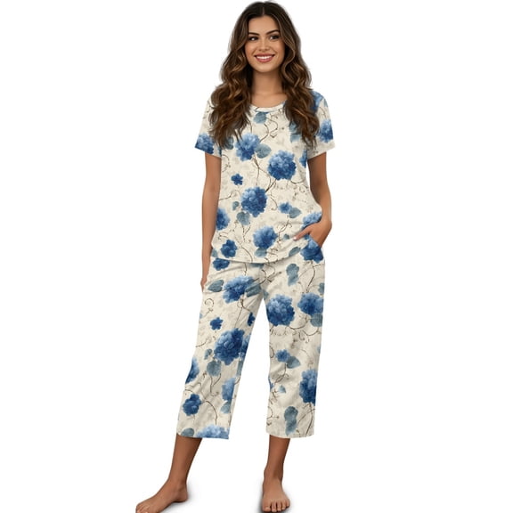 DISNIMO Floral Printed Womens Pajama Sets Soft Sleepwear Short Sleeve Tops and Capri Pant Pjs for Home, XL