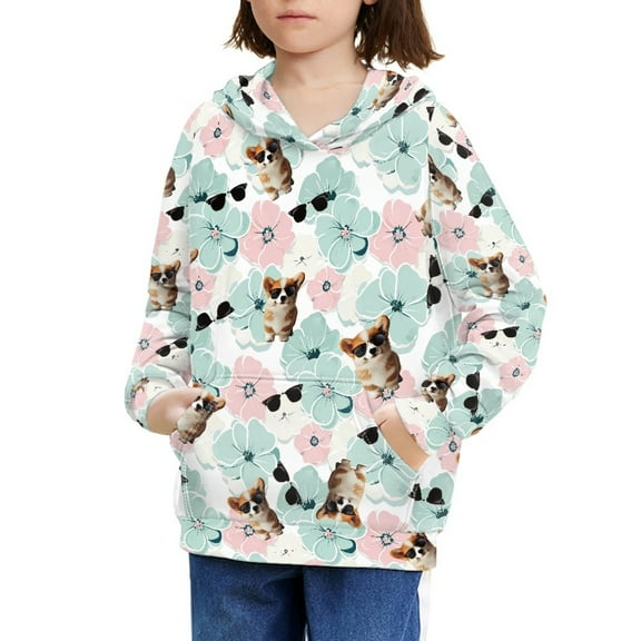 DISNIMO Flower Corgi Hoodies for Kids Girls Sweatshirts with Pockets for Girls Soft Hoodie 8-10 Years Old Pullover Hoodie for Kids Clothes Fall Girls Long Sleeve Sweatshirt Casual Lightweight