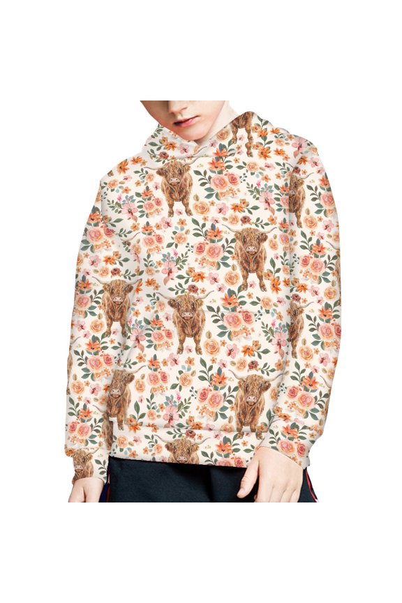Flower Cow Hoodies Girl Pullover Hoodie Boys 6-7 Long Sleeve Hooded Sweatshirt Kids Boy Hoodie Sweatshirts Girl Streetwear Hoodie with Front Pocket Child Fall Clothes