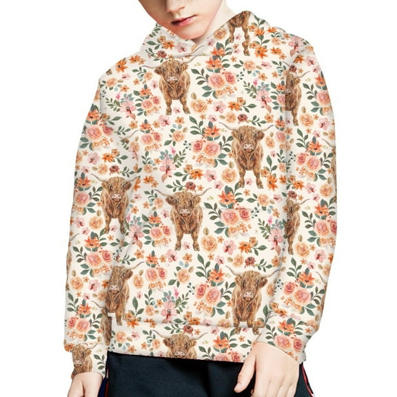 DISNIMO Flower Cow Hoodies Girl Pullover Hoodie Boys 8-10 Long Sleeve Hooded Sweatshirt Kids Boy Hoodie Sweatshirts Girl Streetwear Hoodie with Front Pocket Child Fall Clothes