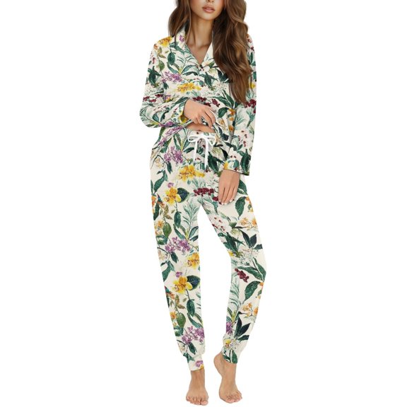 DISNIMO Flower Leaf Printed Women Pajama Set Button Down Sleepwear Long Sleeve Pjs Soft Comfy Loungewear Nightwear with Long Pants, (Available in Plus Size)