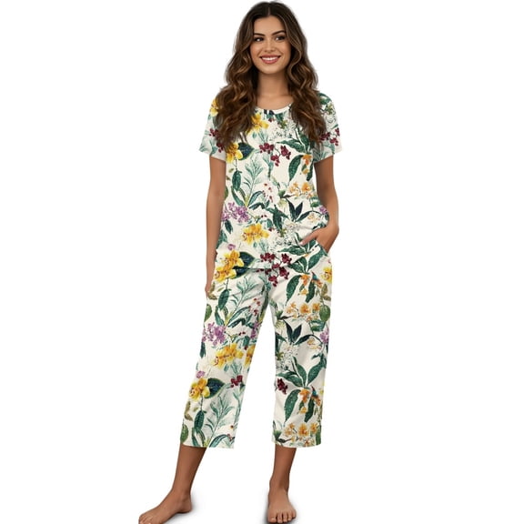 DISNIMO Flower Leaf Printed Womens Pajama Sets Comfy Lounge Summer 2 Piece Pjs Set Round Neck Tops and Capri Pant Sleepwear for Home, L