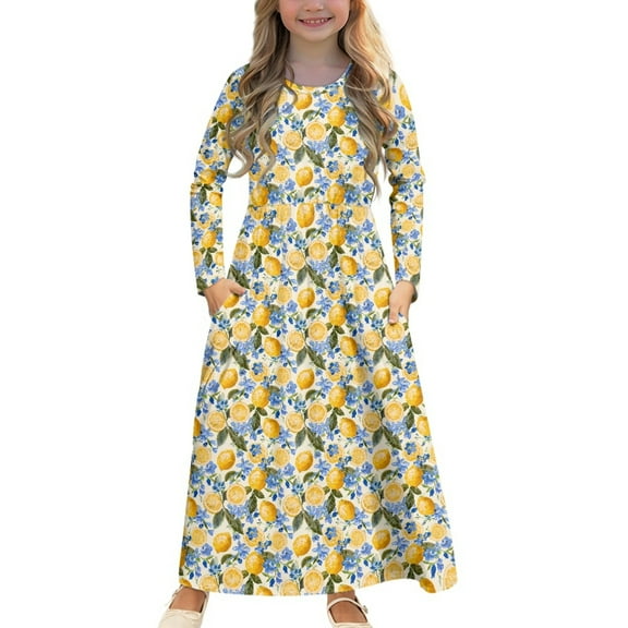 DISNIMO Flower Lemon Kids Dresses 5-6T Years Old Long Sleeve Girls Dress with Long Sleeves and Pockets for Kids Frocks Girls Party Wear girls Long Sleeve Mini Dress Casual