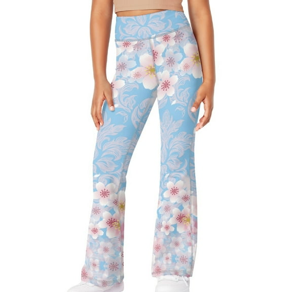DISNIMO Flower Pink Girls Flare Leggings Size 13-14 Kids Elastic High Waisted Bell Bottoms Yoga Pants with 2 Pockets for Kids Elastic Waist Bell Bottoms for Girls Yoga Pants Flare
