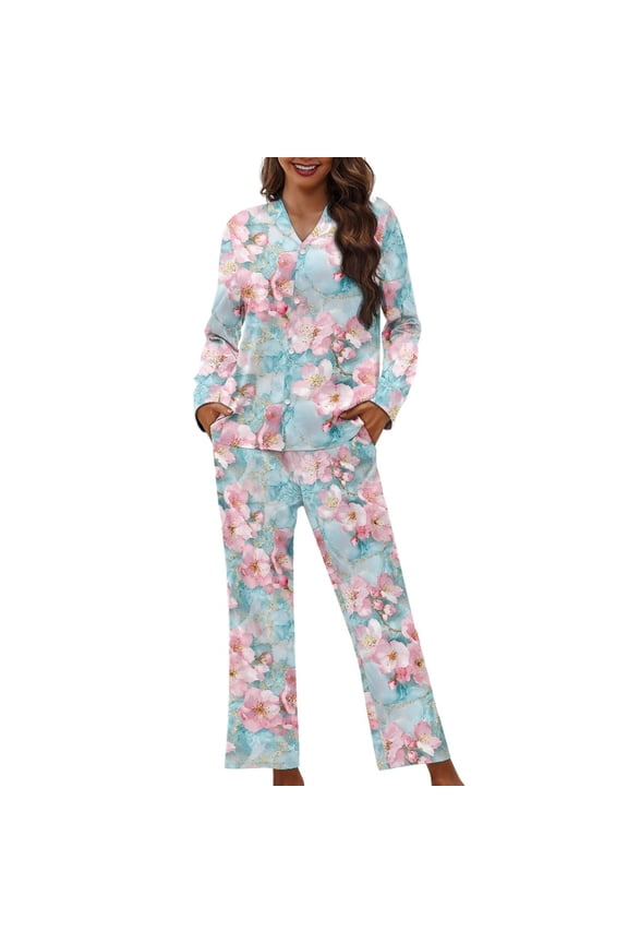 Flower Print Women Pajama Sets Long Sleeve Sleepwear with Long Pants 2 Piece Lounge Set with Pockets Button Down Nightwear Loungewear, XS