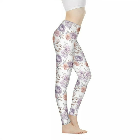 DISNIMO Flower Printed High Waisted Yoga Pants Leggings for Women, Breathable Yoga Pants Tummy Control Workout Leggings for Gym Sports, White, L