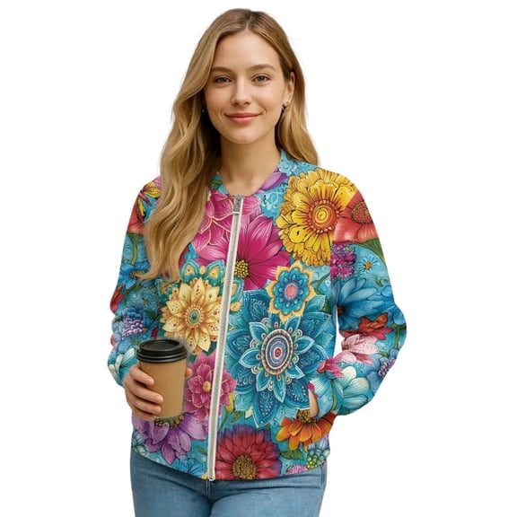 DISNIMO Flower Printed Jackets for Women Long Sleeve Sweatshirts Zipper Outwear Casual Sweatshirts with Pockets, 3XL