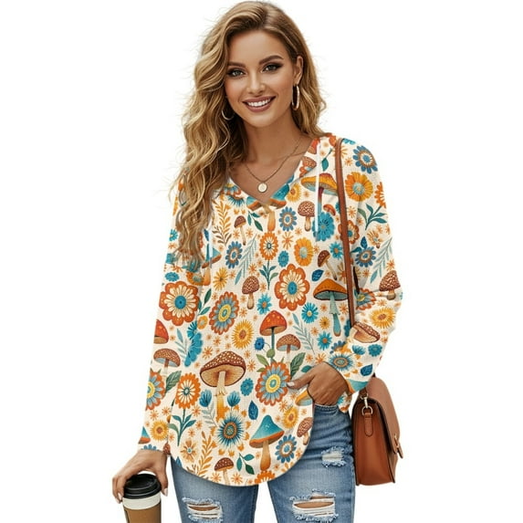 DISNIMO Flower Printed Pullover Tops for Women V Neck Hoodies Long Sleeve Sweatshirts Waffle Hooded Sweatshirt for Fall Winter, S