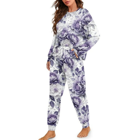 DISNIMO Flower Printed Womens 2 Piece Lounge Pajama Sets Crew Neck Sleepwear Long Sleeve Top Matching Long Pants Casual Long Sleeve Sleepwear Fashion Pjs Lounge Sets with Pocket, S