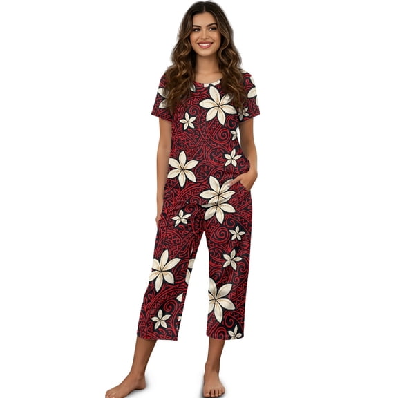 DISNIMO Flower Printed Womens Pajama Set Soft Sleepwear Casual 2 Pcs Pjs Set Short Sleeve Tops and Capri Pant with Pockets, XL