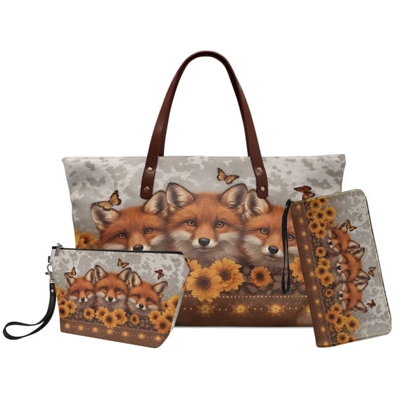 DISNIMO Fox Sunflower Print Handbag Wallet Set for Women PU Leather Tote Shoulder Bag with Makeup Pouch Fashion Portable Satchel Shoulder Bag