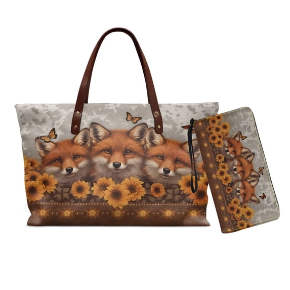 DISNIMO Fox Sunflower Print Purse and Wallet Set for Women Large Tote Handbag with Zipper Closure Stylish Leather Top Handle Bag with Matching Wallet