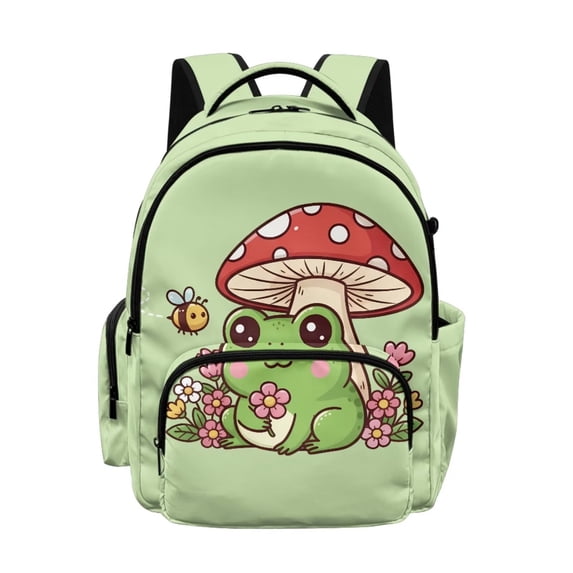 DISNIMO Frog Mushroom Printed Girls Backpack Cute School Backpack for Girls Kids Teens Durable Lightweight Bookbag with 1 Main Compartment, Front Zipper Pocket