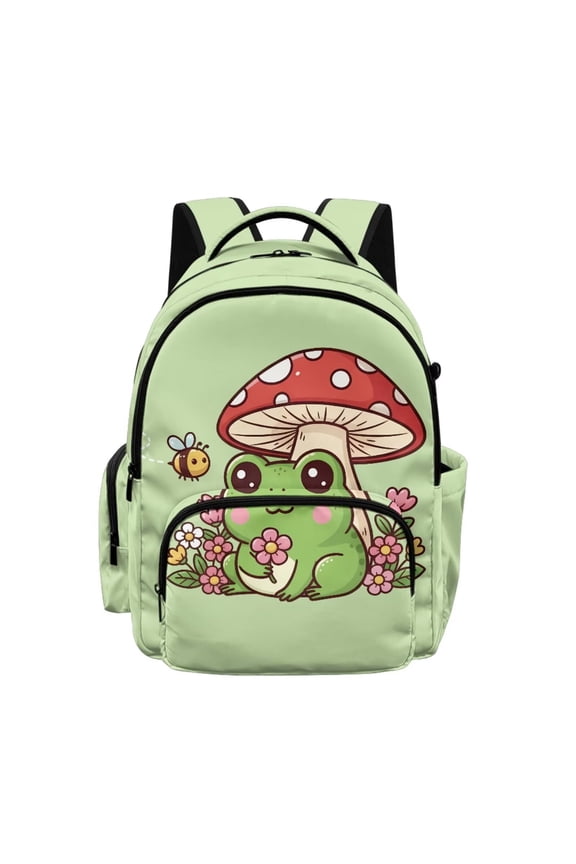 Frog Mushroom Printed Girls Backpack Cute School Backpack for Girls Kids Teens Durable Lightweight Bookbag with 1 Main Compartment, Front Zipper Pocket