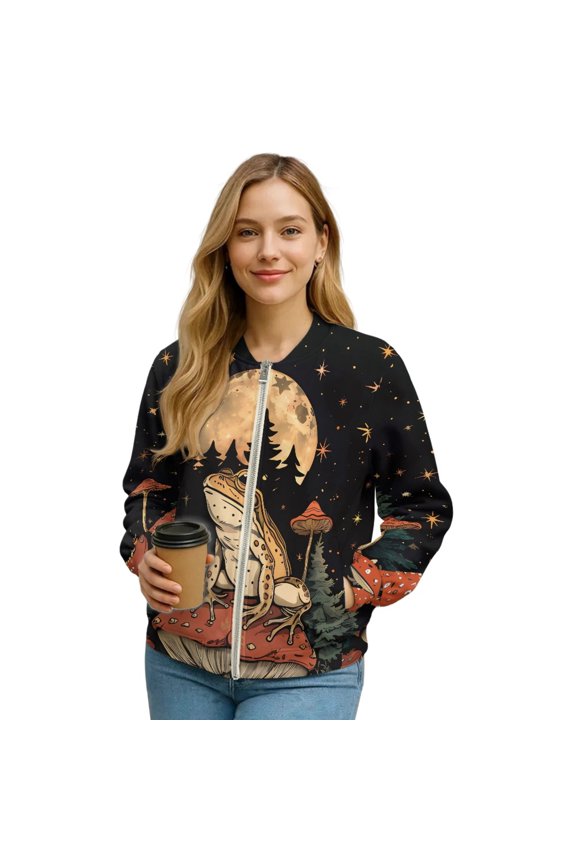 Frog Mushroom Printed Jackets for Women V Neck Outerwear Jacket Long Sleeve Sweatshirts Fall Winter Outfits, 3XL