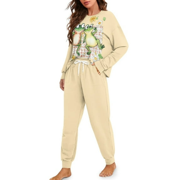 DISNIMO Frog Sunflower Print Pajamas for Women Soft Comfy Sleepwear Nightwear with Pocket Long Sleeve Sweatshirt and Pajama Pants Lounge Sets, S