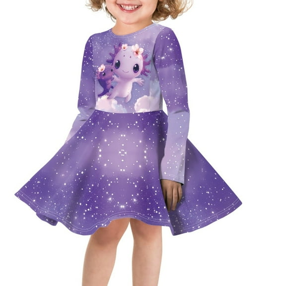DISNIMO Galaxy Axolotl Dress for Girls 11-12 Long Sleeve Dresses for Girls Purple Dress Long Sleeve Swing Dress Girls Kids Dress Fall Skater Dress Girls Cute Long Sleeve Dresses Girl Kids