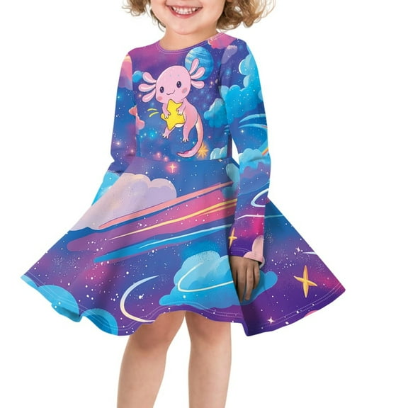 DISNIMO Galaxy Axolotl Dress Girls Dress Kids Long Sleeve Skater Dress for Girls 11-12 Casual Midi Dress Girls for School Girl Dress Kids Fall Dresses Photoshoot Dress Girls Casual Dresses