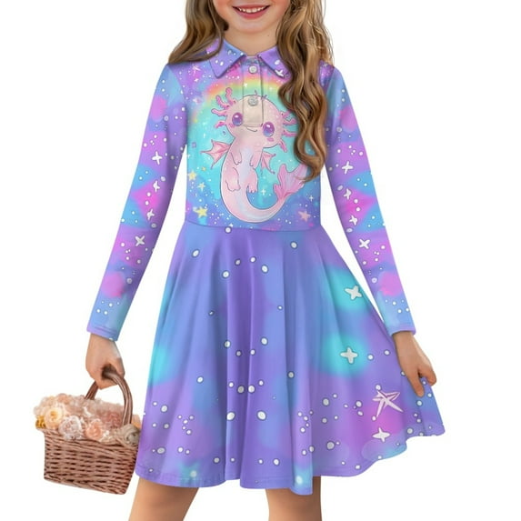 DISNIMO Galaxy Axolotl Dress Long Sleeve Rainbow Dress for Girls 3-4 Years Old Midi Dresses for Kids Cute Beach Dress for Girls Collared Dress Fall Swing Dress Girl Button Down Dress Children Girl