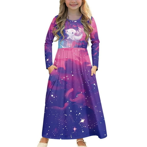 DISNIMO Galaxy Axolotl Dress with Pockets for Kids Long Sleeve Dress for Girls 7-8 Dresses Long Sleeve Cute Dress Kids Soft Dress for Kids Frock Dresses for Girls Twirl Skater Dress