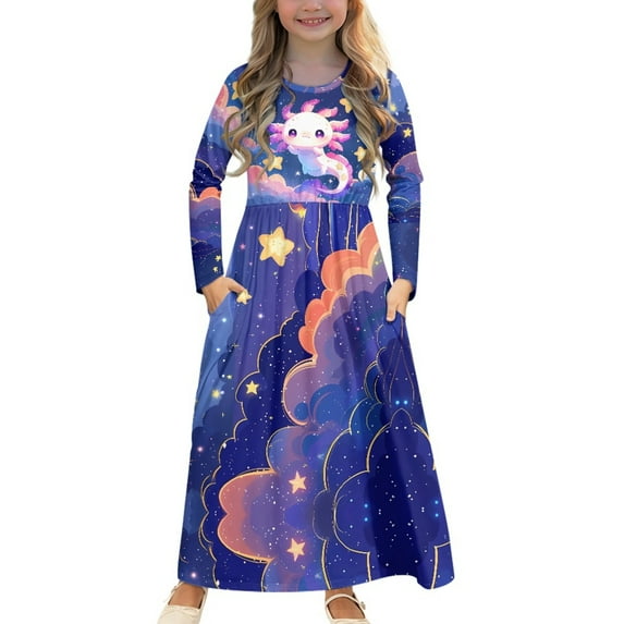 DISNIMO Galaxy Axolotl Girls Dresses Long Sleeve dress for Girls 9-10 Dress With Sleeves for Kids Dress with Pockets Girls Full Sleeve School Uniform Form Long Dress Print Midi