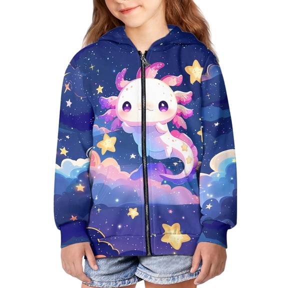 DISNIMO Galaxy Axolotl Hoodie Girls Star Hoodie Kids Cute Sweatshirt Zip Front Hoodies for Boys Hooded Zip Up Sweatshirts Size 14-16 Girl Hoodie Jacket for Girls Hooded Coat Casual Fall Clothes