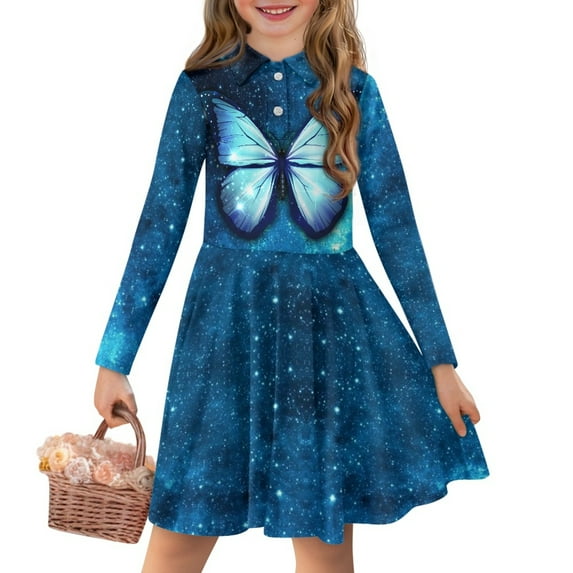 DISNIMO Galaxy Butterfly Dresses Girls 13-14 Years Old Blue Dresses for Kids Long Sleeve Skater Dress Girls Midi Dress for Teens Button Dresses for Girls Fall Swing Dress Girl School Dresses