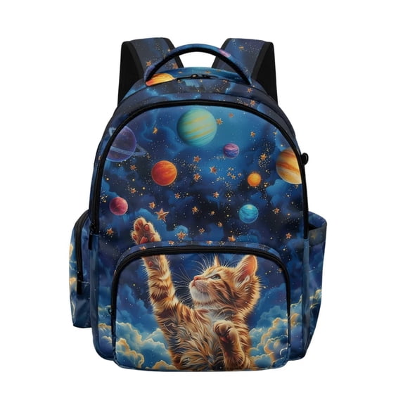 DISNIMO Galaxy Cat Print Large Capacity School Backpack, Multi-Pocket Lightweight Bookbag with Side Mesh Pockets for Elementary & Middle School Students Daily Use