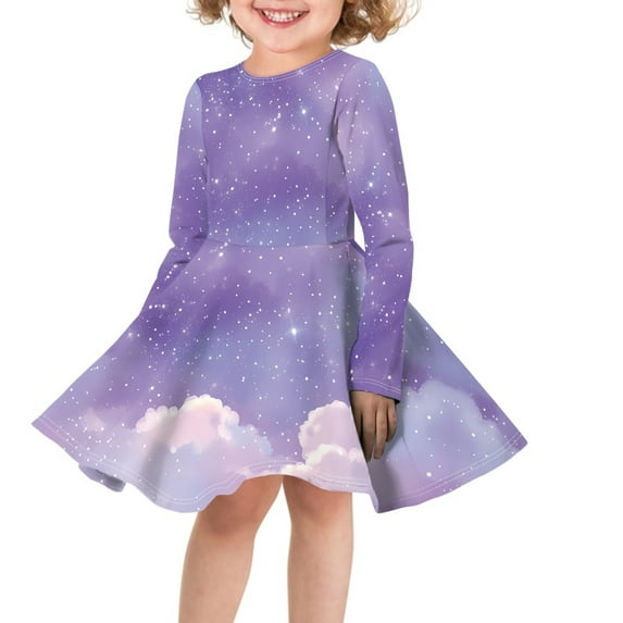 DISNIMO Galaxy Dress for Girls Long Sleeve Purple Dress Kids Cloud Dress Girls 11-12 Dresses for Children Dress Clothes for Girls Crew Neck Dress Skater Girl Dress Kids Fall Dresses Photoshoot