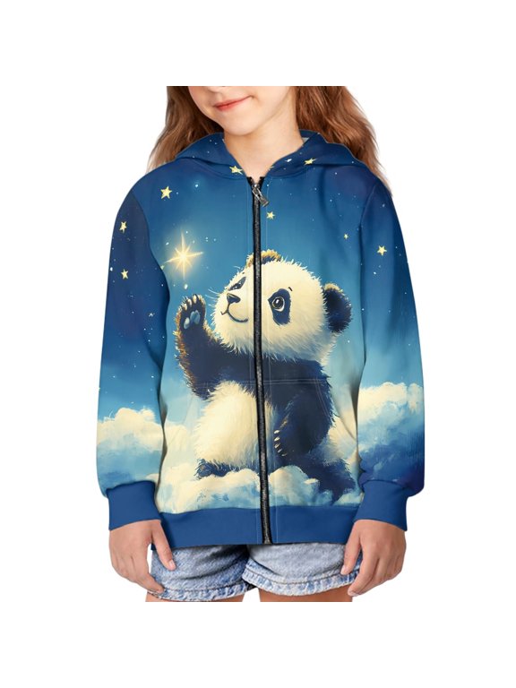 Galaxy Panda Hoodie Girls Zip Up Hoodie Sweatshirt Girls Zippered Hoodies for Girls 8-10 Graphic Sweatshirts Girls Kids Hoodie Jacket Coat Childrens Star Hooded Jackets Designs Boys