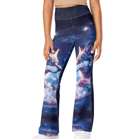 DISNIMO Galaxy Wolf Flower Kids Bell Bottom Leggings 9-10 Bell Bottoms Leggings for Girls Flare Leggings Boys Flared Yoga Pants Kids High Waist Leggings for Kids High Waist Leggings Flare