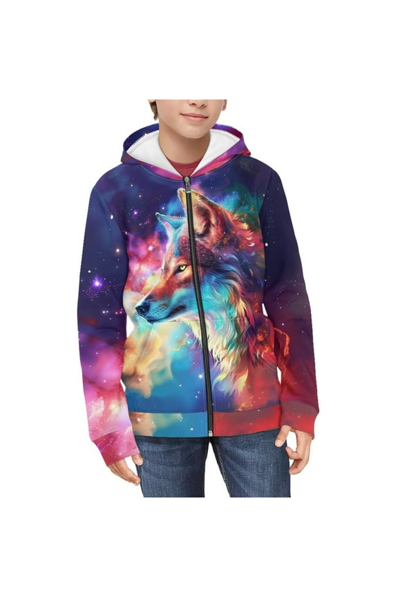 Galaxy Wolf Hoodie for Boys Kids Zip Up Hoodie Boys Size 6-7 Boy Hoodies Zipper Sweatshirt Boys Hooded Sweatshirts Girls Children Hooded Jacket Little Boy Animal Hoodies with Print
