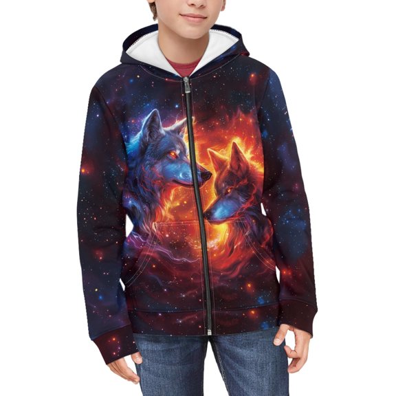 DISNIMO Galaxy Wolf Hoodie Boys Zip Up Hoodie Sweatshirt Girls Zippered Hoodies for Teens Boys 14-16 Graphic Sweatshirts Youth Kids Hoodie Jacket Coat Childrens Hooded Jackets with Designs Outfit