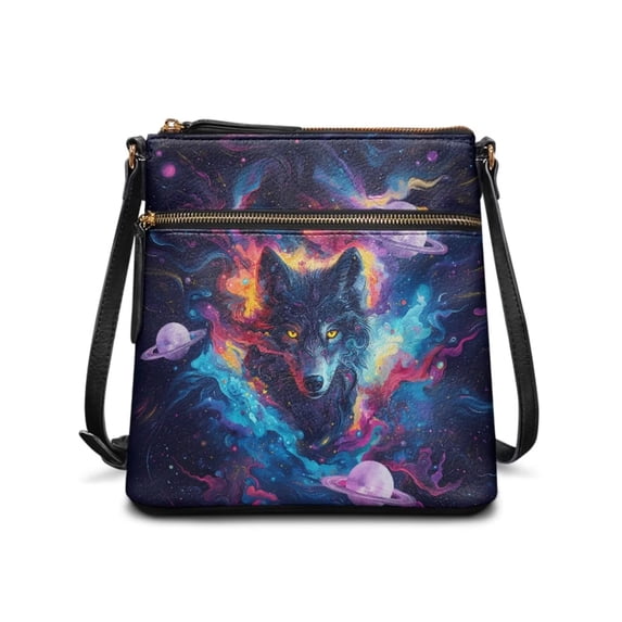 DISNIMO Galaxy Wolf Print Crossbody Bag Purse for Women PU Leather Shoulder Handbag with Adjustable Strap Hobo Bags Purses with Zipper, Blue