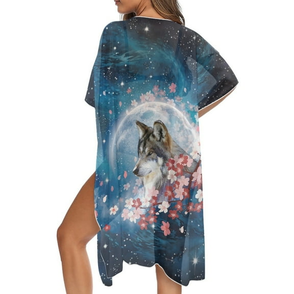 DISNIMO Galaxy Wolf Print Womens Kimono Swimsuit Coverups Cherry Blossom Print Cardigan Casual Loose Swimwear Cover Up Summer Half Sleeve Bikini Coverup