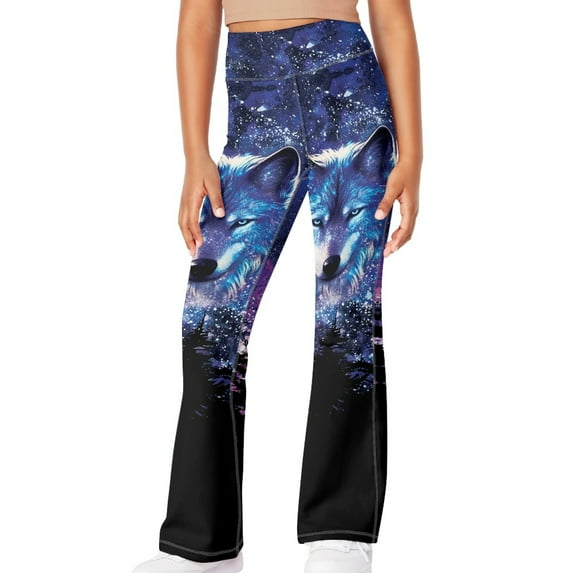 DISNIMO Galaxy Wolf Yoga Pants Kids Girls Flare Leggings Size 11-12 Boys Yoga Pants for Kids Boys Bell Bottoms for Kids Boy Leggings Flare Girls Bell Bottoms Leggings High Waist Flare Pants