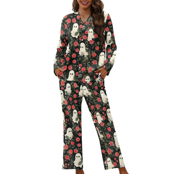 DISNIMO Ghost Flower Printed Women's Two Piece Pjama Sets Long Sleeve Sleepwear Soft Comfy Lounge Set with Pockets Halloween Pj Sets Button Down Nightwear with Matching Long Pants, XL