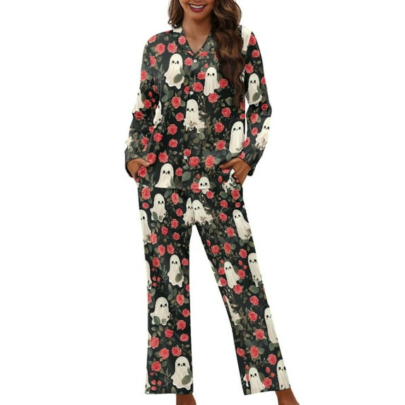 DISNIMO Ghost Flower Printed Women's Two Piece Pjama Sets Long Sleeve Sleepwear Soft Comfy Lounge Set with Pockets Halloween Pj Sets Button Down Nightwear with Matching Long Pants, 4XL