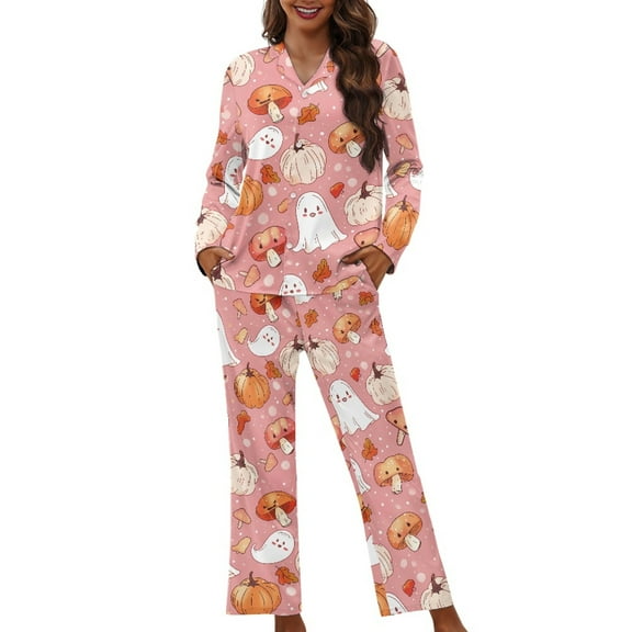 DISNIMO Ghost Pumpkin Mushroom Print Womens Pajama Set 2-Piece Sleepwear Halloween Loungewear Long Sleeve Button Down Nightwear with Long Pajama Pants, Available in Plus Size, XS