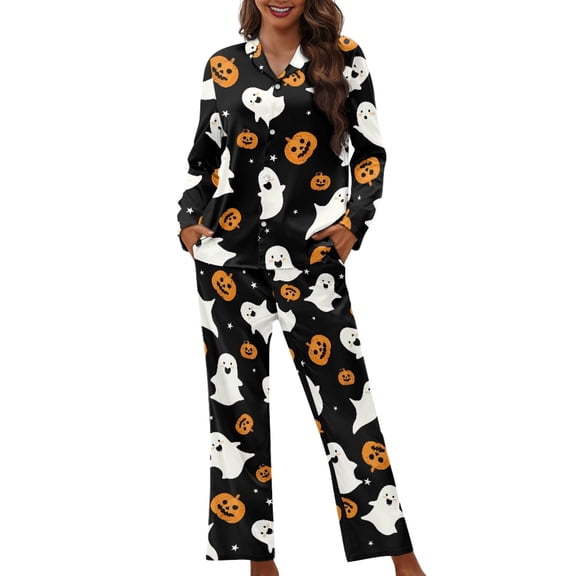 DISNIMO Ghost Pumpkin Print Women 2 Piece Pajama Sets Casual Loose Sleepwear Long Sleeve Button Down Nightwear with Long Pajama Pants Halloween Loungewear, XS