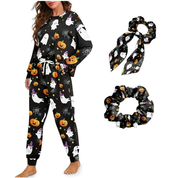 DISNIMO Ghost Pumpkin Printed Womens Pajama Set Ghost Spider Web Print 4 Piece Lounge Sets with Hair Ring Long Sleeve Sleepwear and Long Pants Sets Crew Neck Nightwear with Pockets, L