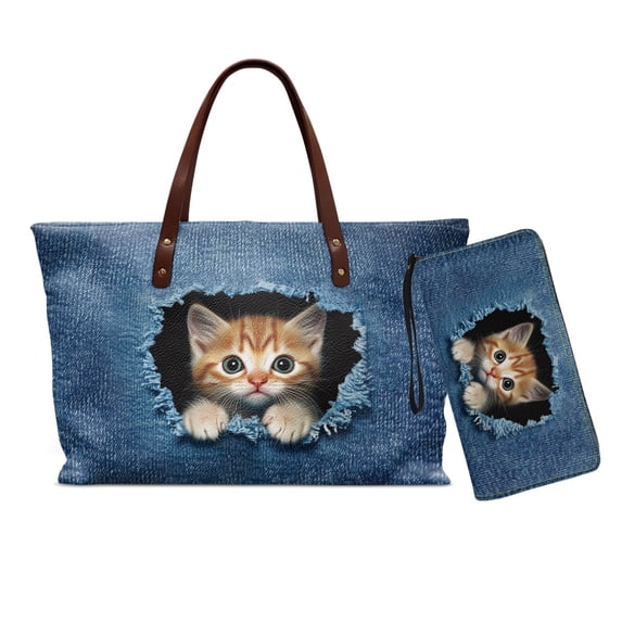 DISNIMO Ginger Cat Print Handbag and Wallet Set of 2 Women Tote Shoulder Bag with Wristlet Wallet Large Leather Hobo Purse, Blue