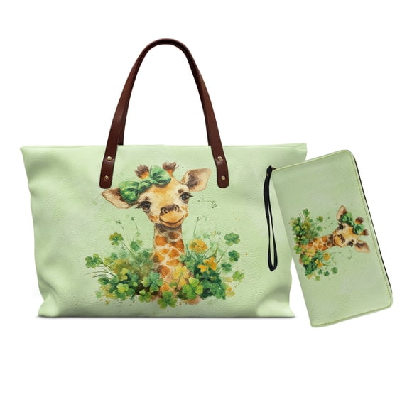 DISNIMO Giraffe Print Handbag Set Saint Patrick Leaf Print Tote Bag for Women St.Patrick's Day Theme Top Handle Bag with Wristlet Wallet Leather Ladies Purse, Green