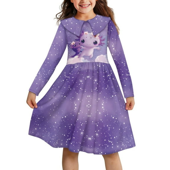 DISNIMO Girl Axolotl Dress for Girls Long Sleeve Dresses Size 9/10 Girls Dresses Fall Dresses for Children Purple Dress for Girls Galaxy Dress for Girls Long Sleeve Midi Dress Kids Twirl Dress