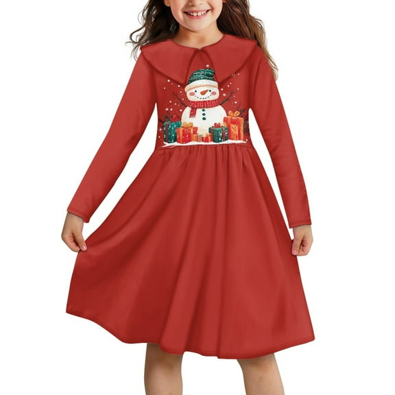 DISNIMO Girl Christmas Dress Snowman Dress Kids 11-12 Dresses Long Sleeve Girls Collared Dress Fall Kids Dress Girl Red Long Sleeve Dress Kids Girls Casual Dresses Kids Swing Dance Dress for Girls